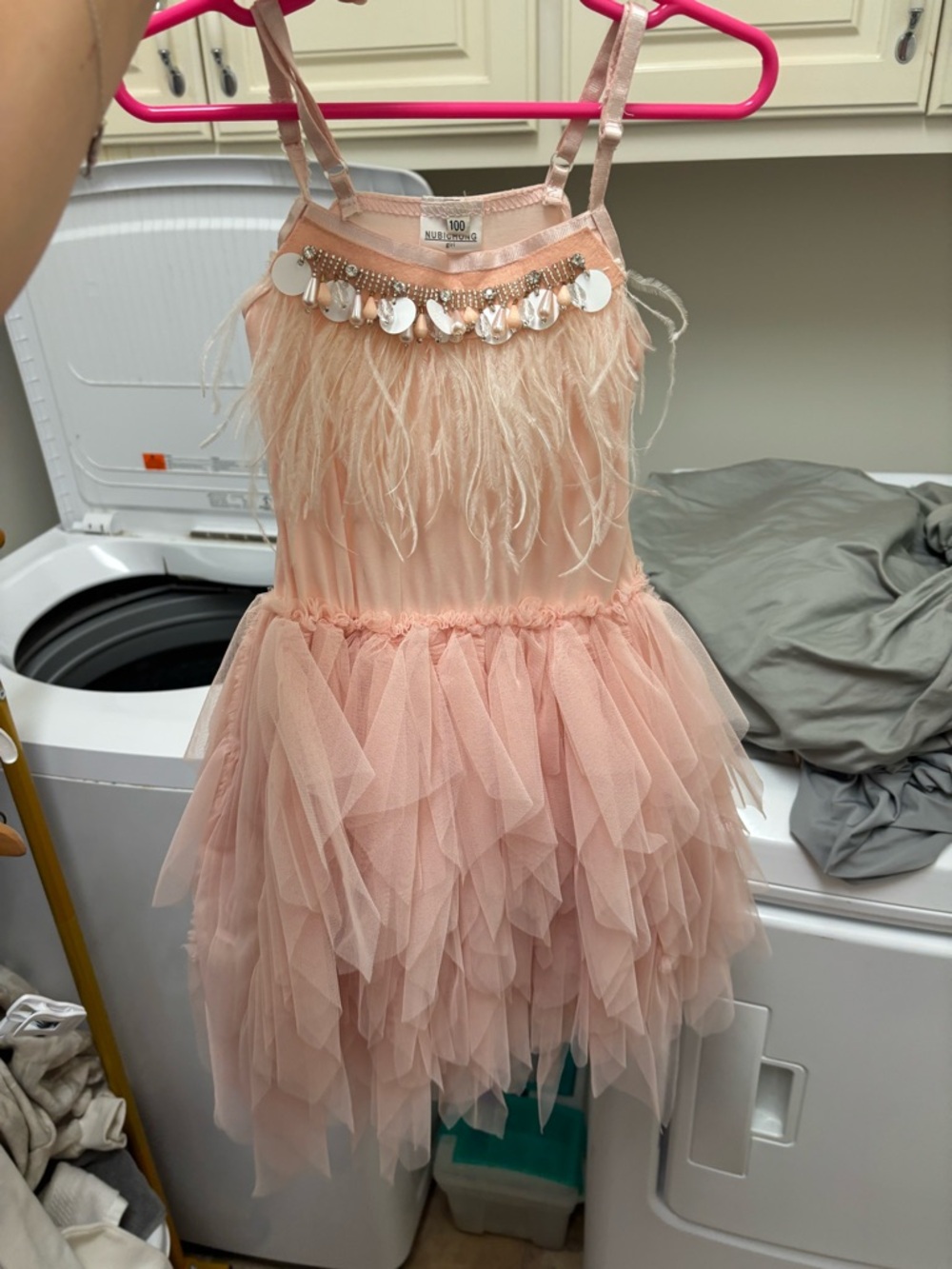 Girls Pink Tulle Party Dress with Feather & Sequin Trim